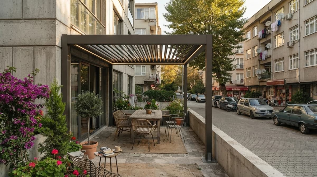 İzmir bioklimatik pergola uygulamasının lameller kapalıyken görünümü