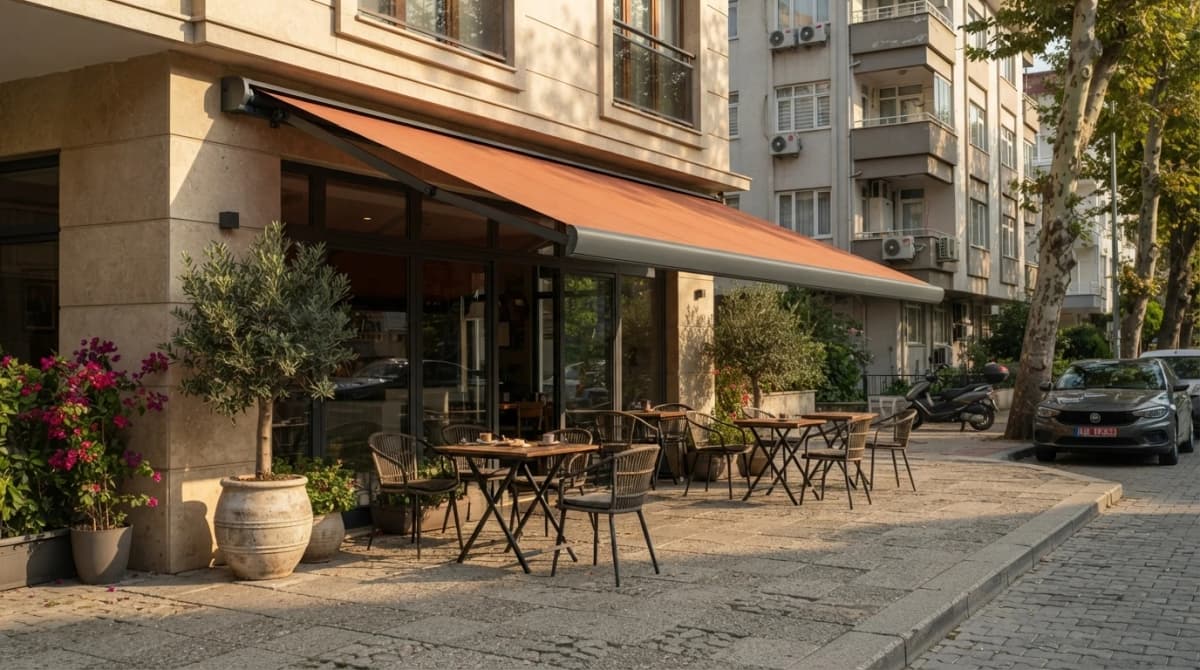İzmir kasetli tente uygulamasının açık konumdaki görünümü