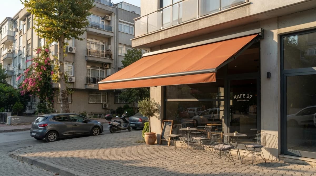 İzmir mafsallı tente uygulamasının açık konumdaki görünümü