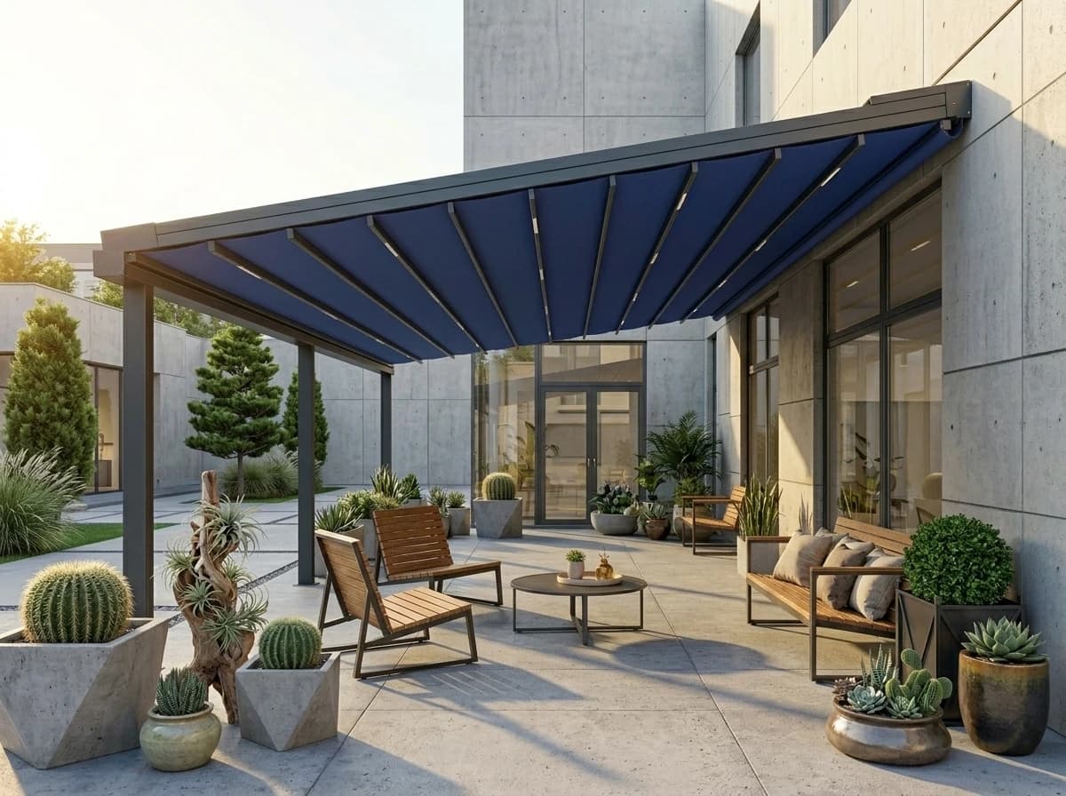 İzmir'de bir teras üzerine kurulmuş motorlu otomatik pergola