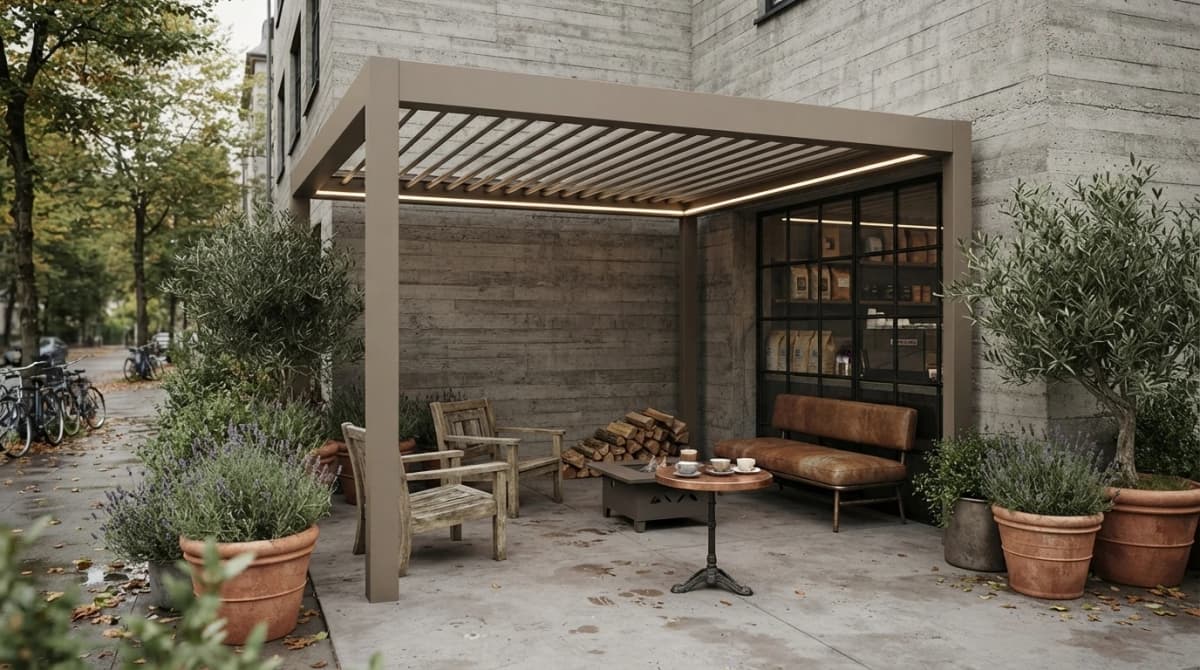 İzmir rollingroof pergola uygulamasının çatısı kapalıyken görünümü