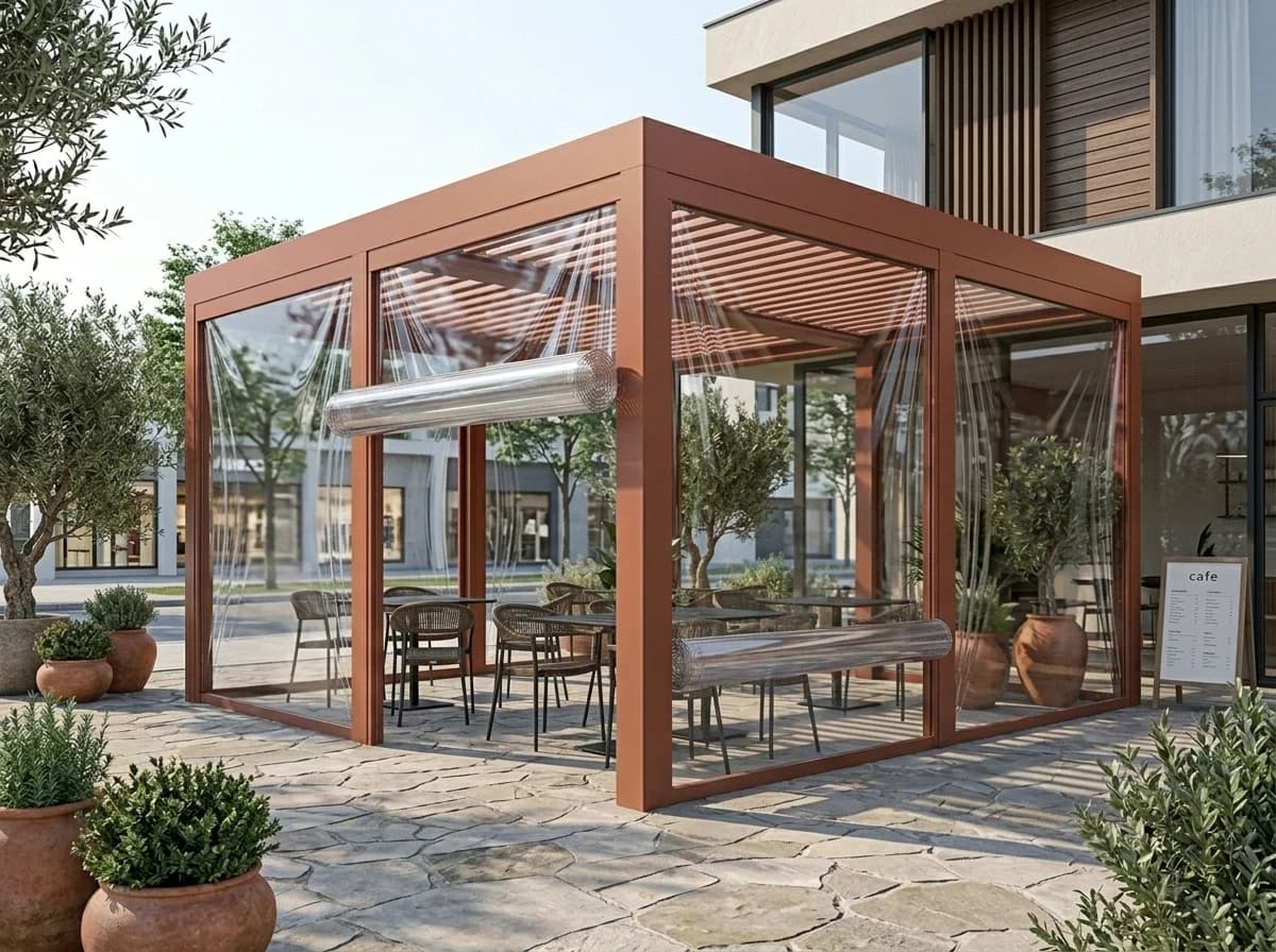 İzmir'de bir kafe terasının kristal PVC şeffaf brandayla kapatılmış hâli