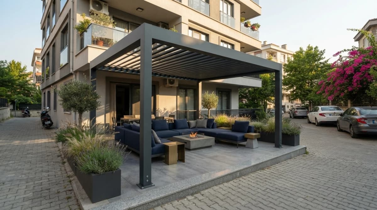 Narlıdere'de bir villa terasına kurulmuş döner lamelli bioklimatik pergola