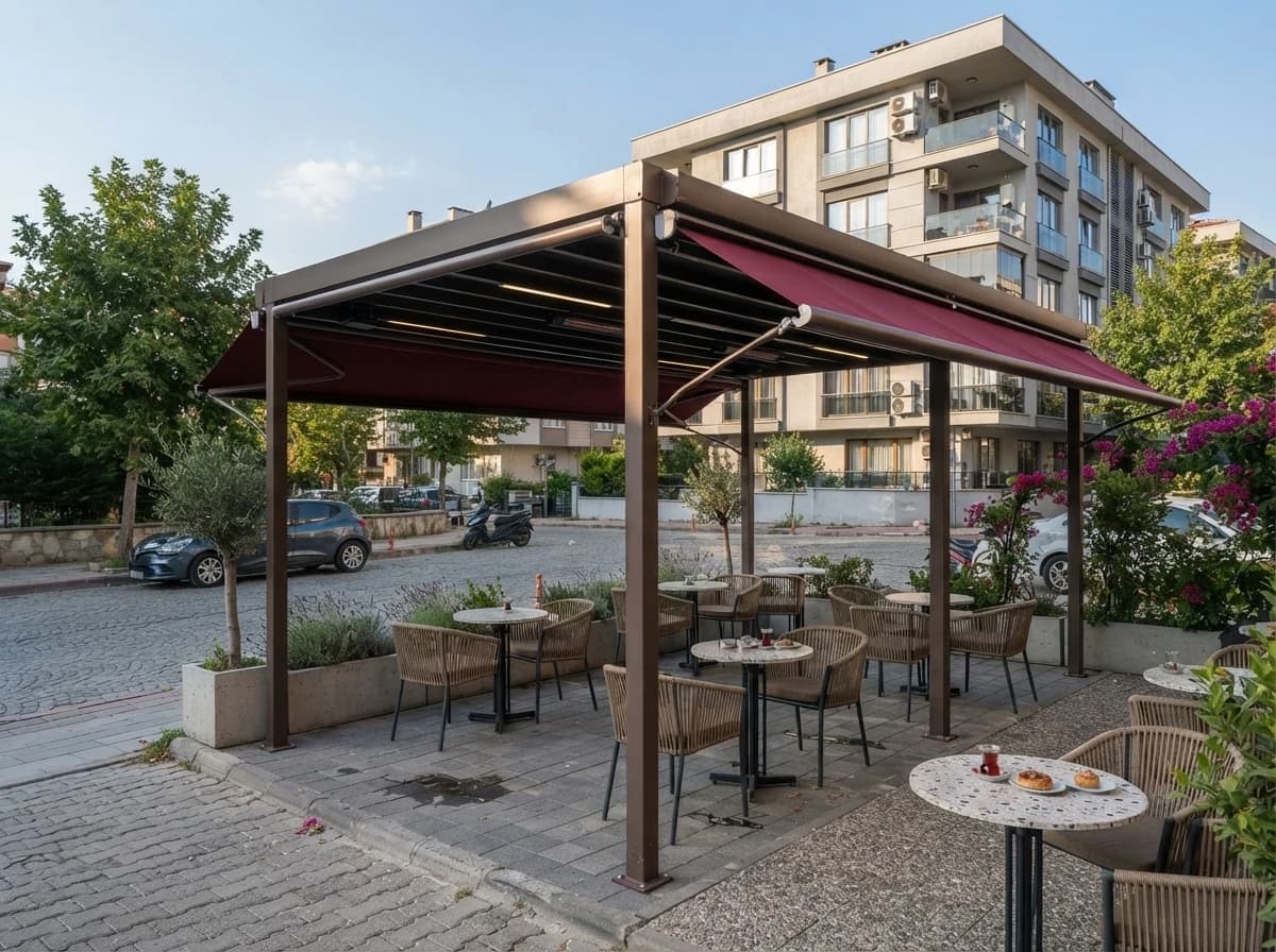 Bornova'da dar bir vitrin cephesine monte edilmiş kompakt win tente