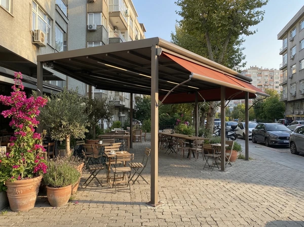 İzmir'de dar bir cepheye monte edilmiş kompakt win tente
