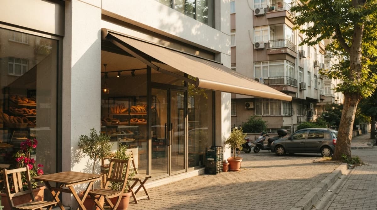 İzmir'de bir konut cephesine monte edilmiş full kasetli tente