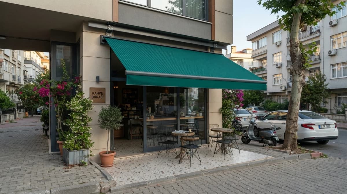 İzmir'de bir kafe cephesine kurulmuş mafsallı tente