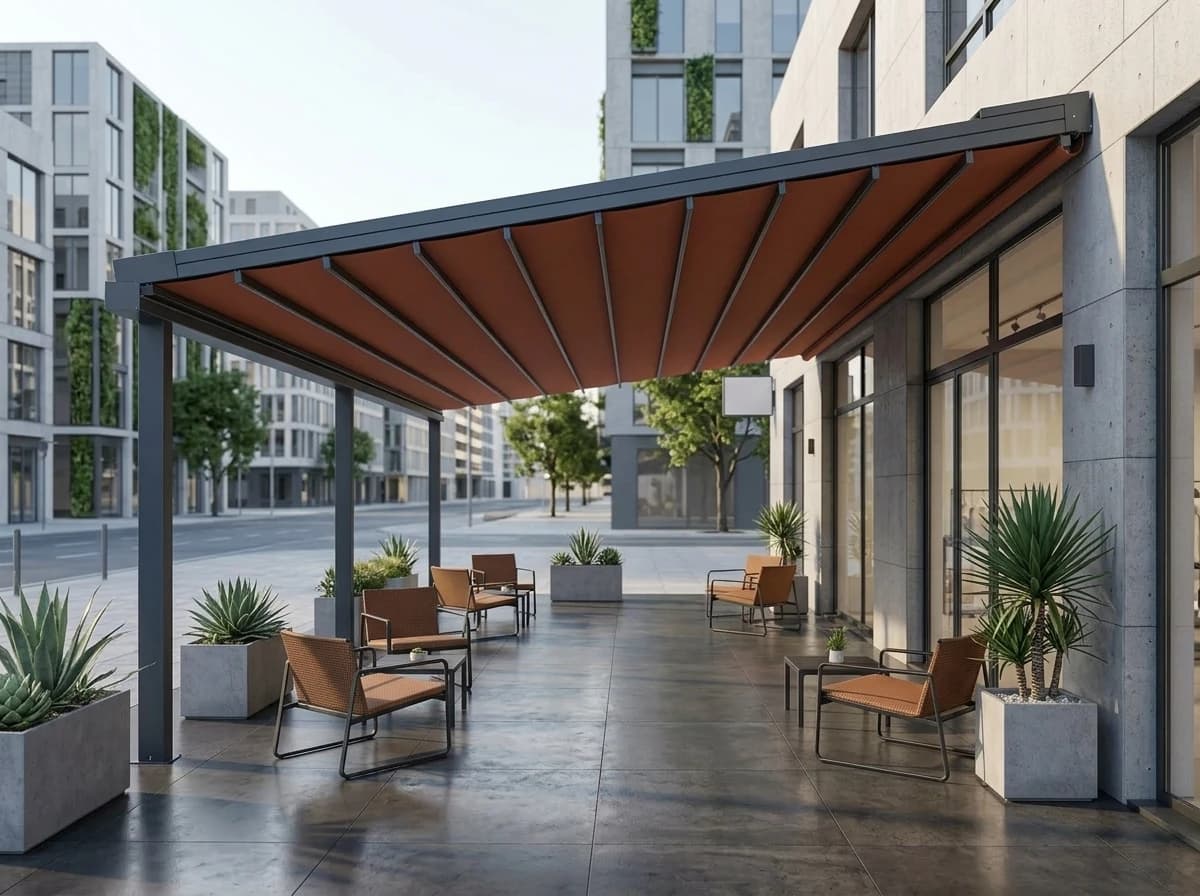İzmir'de bir teras üzerine kurulmuş motorlu otomatik pergola