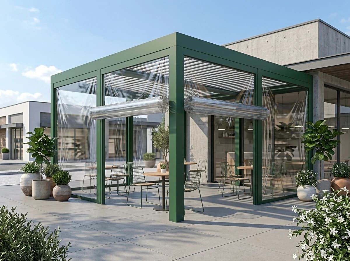 İzmir'de bir kafe terasının kristal PVC şeffaf brandayla kapatılmış hâli