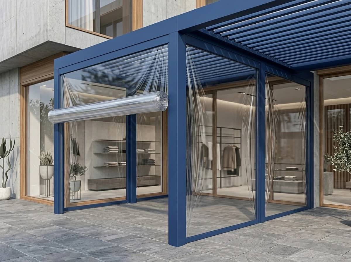 İzmir'de kışın kristal PVC şeffaf brandayla kapatılmış bir kafe terası