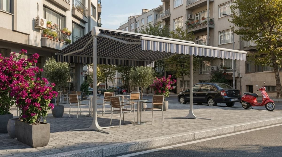 İzmir'de bir bahçeye kurulmuş bağımsız ayaklı T model tente