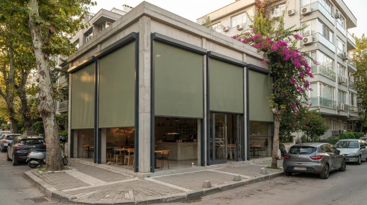 İzmir'de bir terasa uygulanmış fermuarlı zip perde sistemi
